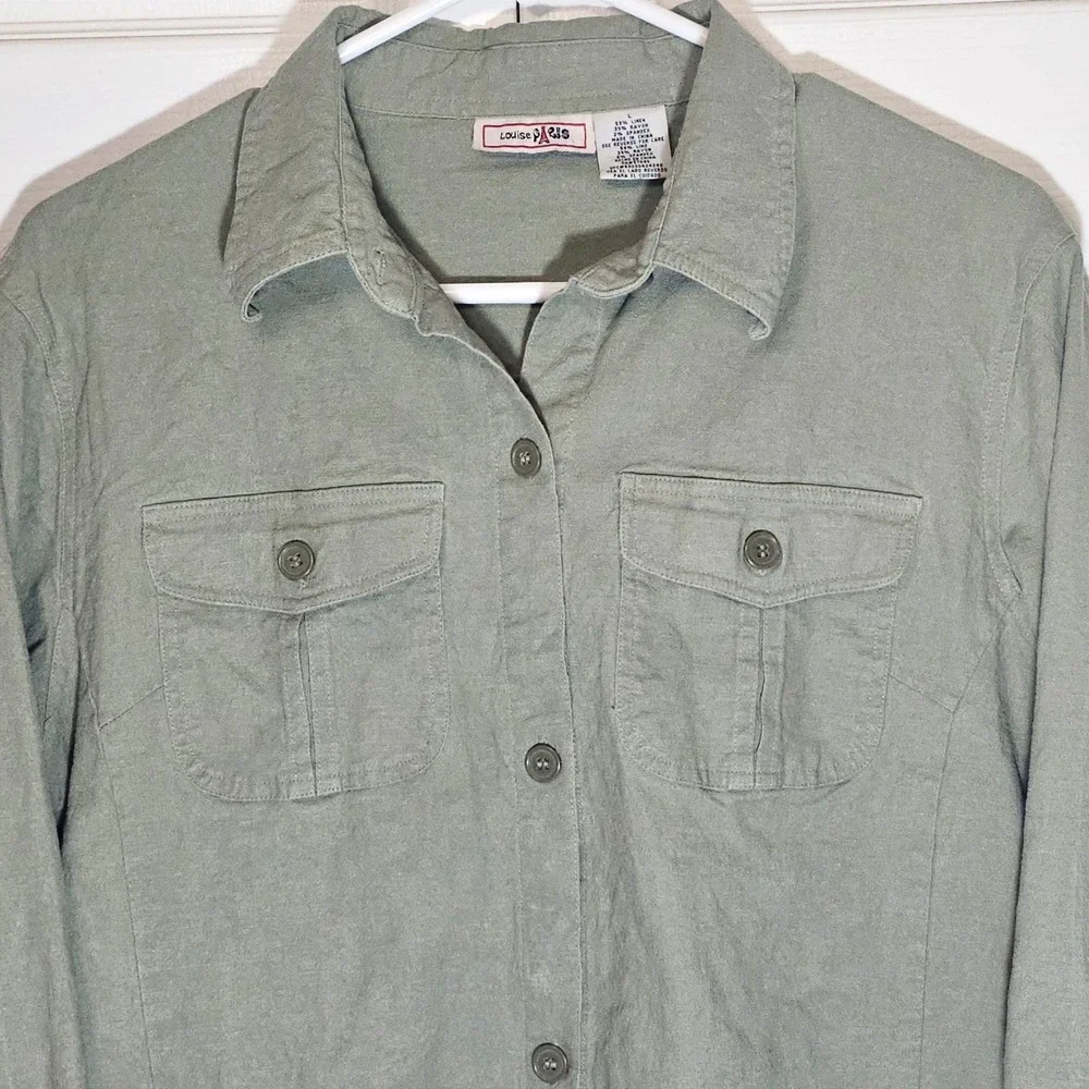 Louise Paris Women Green Linen Blend Button Down Long Sleeve Shirt Large Natural